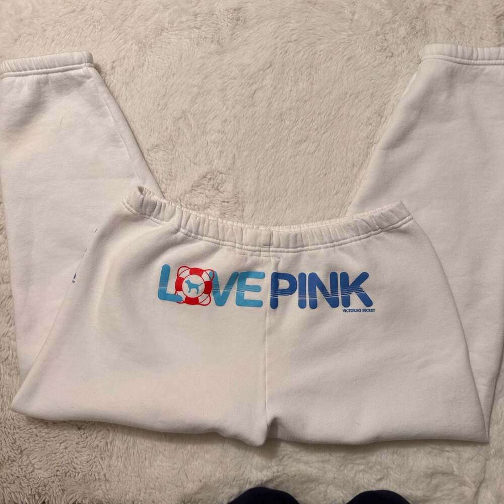 PINK Victoria's Secret Love Pink Lifebuoy Logo White Sweatpants Size S